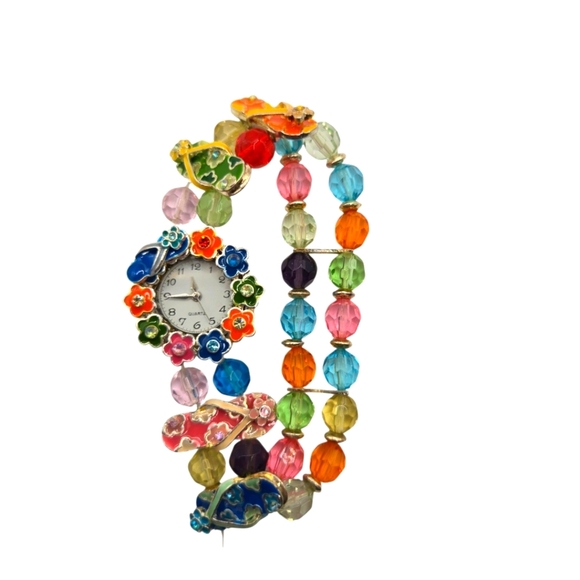 Womens Beachy Colorful Beaded Floral Flip Flop Rhinestone Elastic Bracelet Watch - Picture 2 of 6